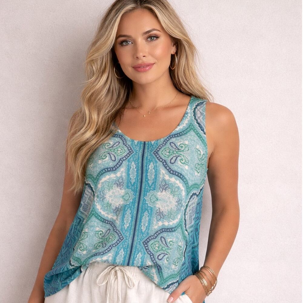Rose + Olive Paisley Knit Tank Womens Large Turquoise Open Back Beachy Top